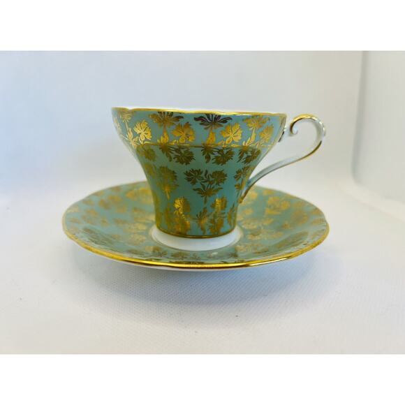 Aynsley Bone China Corset Tea cup & Saucer Green Gold Filigree Baroque Design - Picture 10 of 10